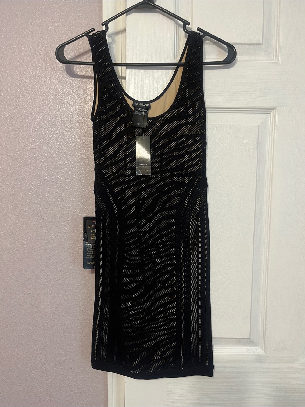 bebe Black Zebra-Pattern Sleeveless Bodycon Dress with Shimmer